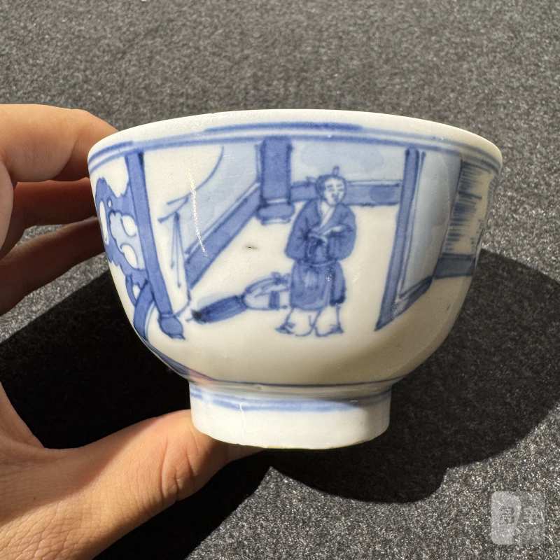 清康熙 青花人物故事诗文碗一对 - 图2